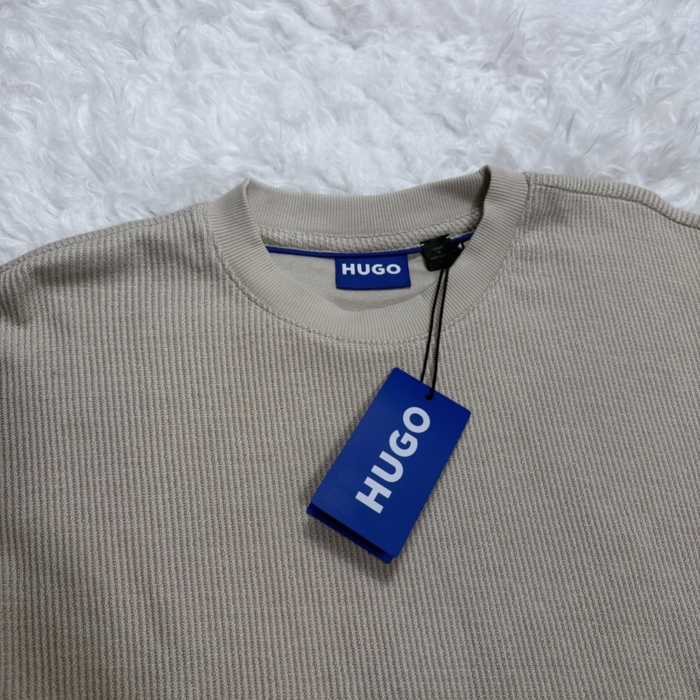 HUGO BOSS Sweater Mens Medium Sand Beige Ribbed Classic Lightweight Crew New!